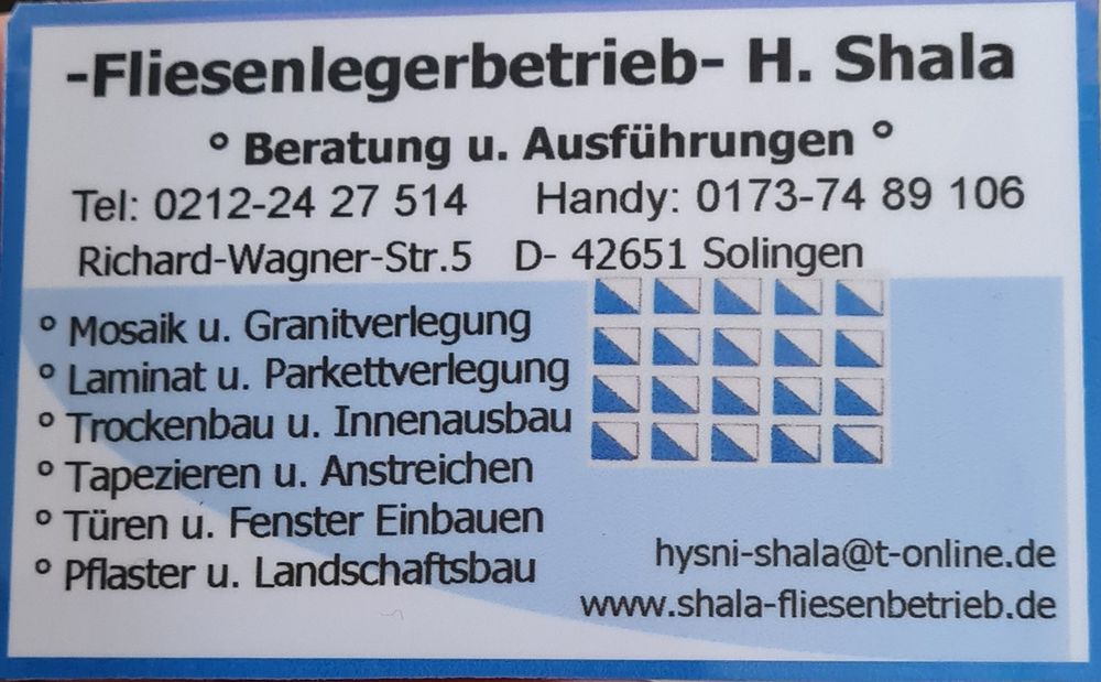 Logo der Firma Hysni Shala Fliesenlegerbetrieb aus Solingen auf dem Branchenportal Fliesenleger.net